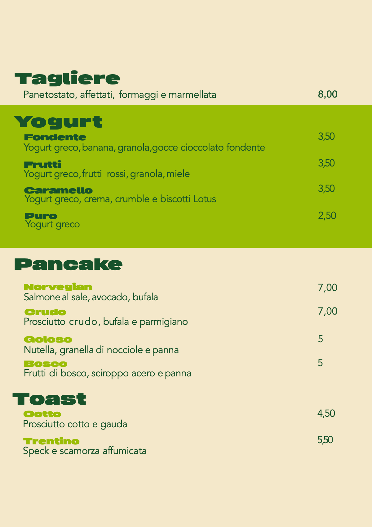 Colazione — tagliere, yogurt, pancake e toast